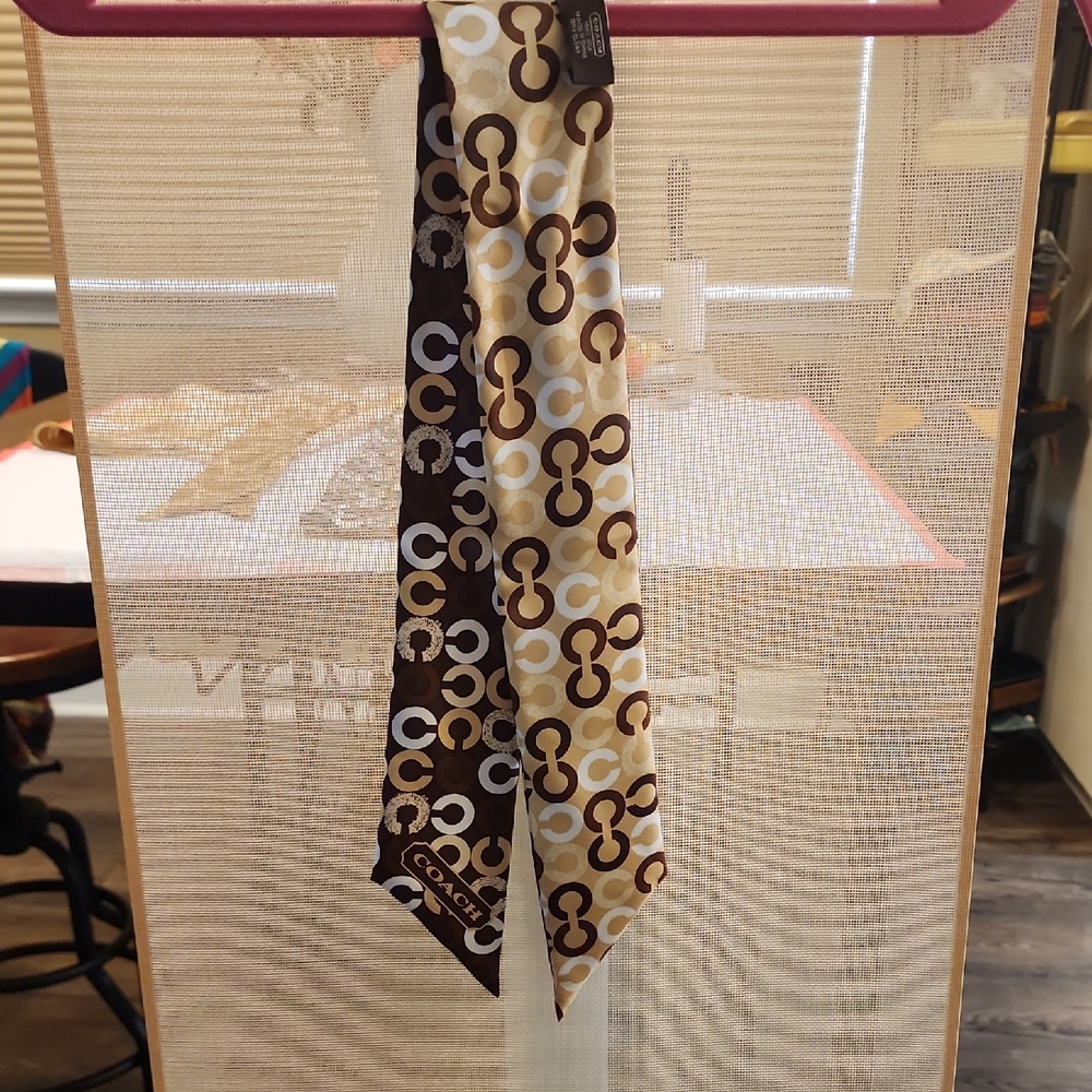Coach Two-Tone Logo Silk Scarf Pony Tail in Brown and Beige - Lot 1005
